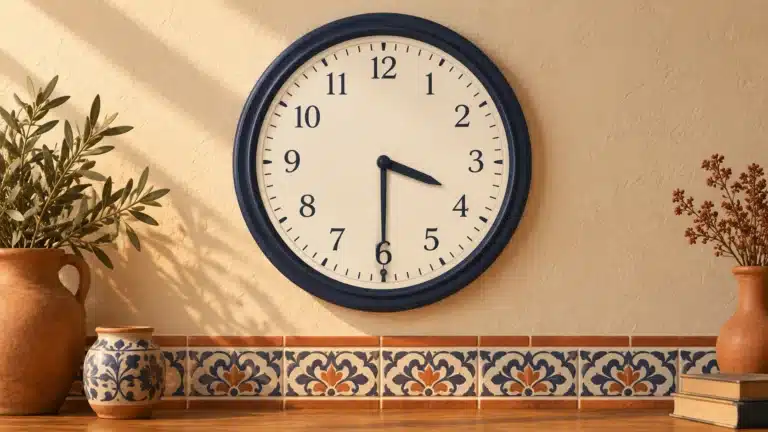 שעון מחוגים המציג שלוש וחצי על רקע קיר בגוני קרם וכחול