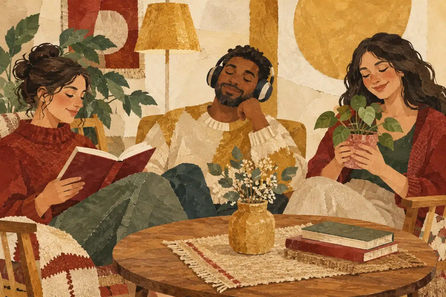 איור של שלושה אנשים נהנים מקריאה, מוזיקה וטיפול בצמח